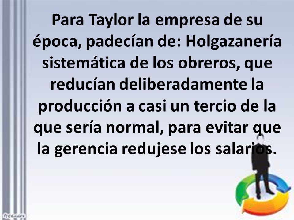 Para Taylor la empresa de su época, padecían de: Holgazanería sistemática de los obreros, que reducían deliberadamente la producción a casi un tercio de la que sería normal, para evitar que la gerencia redujese los salarios.
