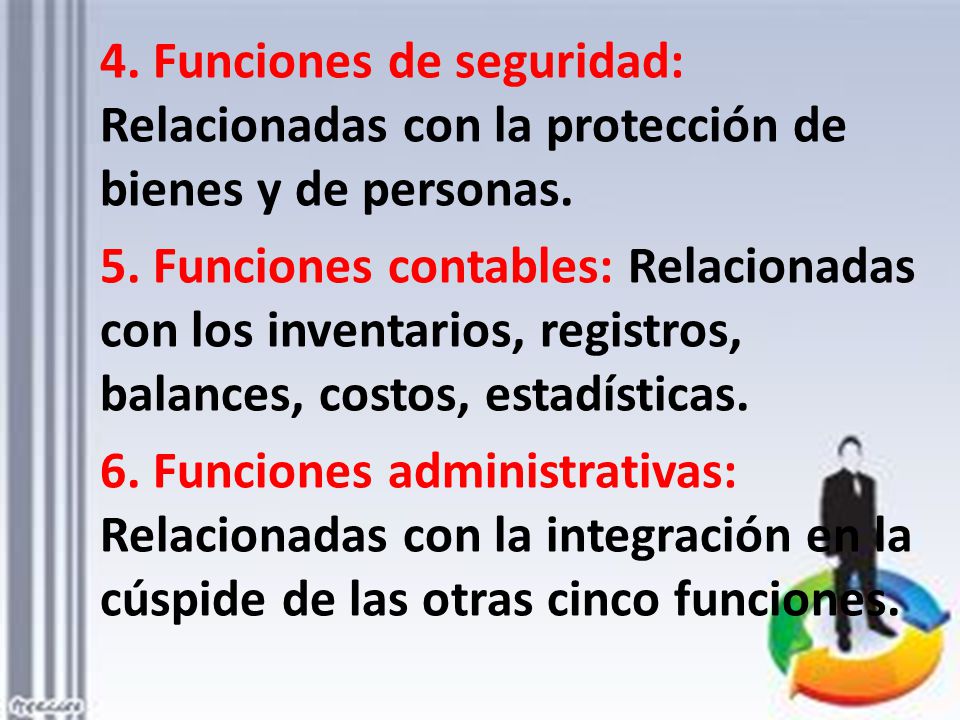 4. Funciones de seguridad: Relacionadas con la protección de bienes y de personas.