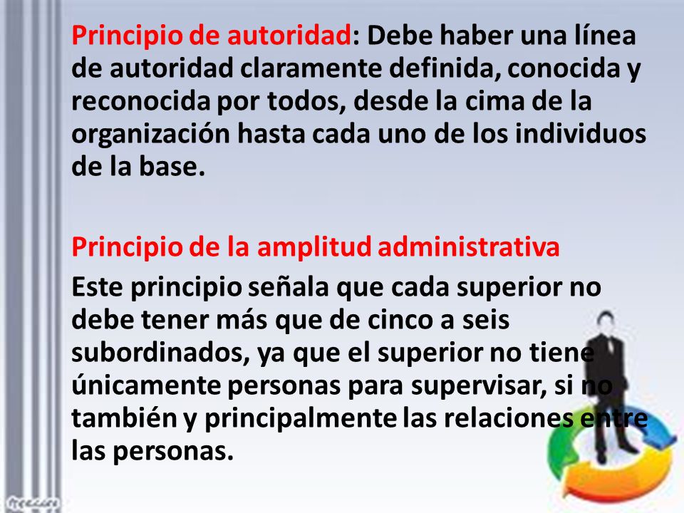 Principio de autoridad: Debe haber una línea de autoridad claramente definida, conocida y reconocida por todos, desde la cima de la organización hasta cada uno de los individuos de la base.