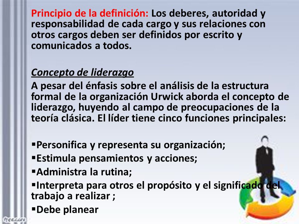 Principio de la definición: Los deberes, autoridad y responsabilidad de cada cargo y sus relaciones con otros cargos deben ser definidos por escrito y comunicados a todos.