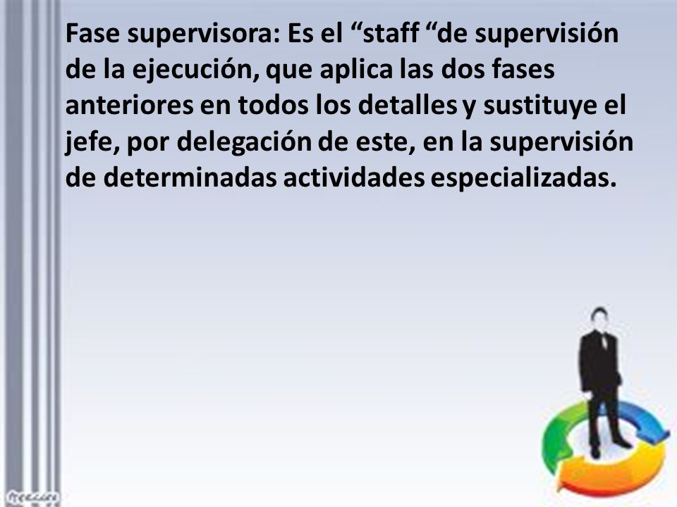 Fase supervisora: Es el staff de supervisión de la ejecución, que aplica las dos fases anteriores en todos los detalles y sustituye el jefe, por delegación de este, en la supervisión de determinadas actividades especializadas.