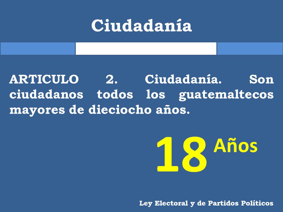 Ciudadanía ARTICULO 2. Ciudadanía. Son ciudadanos todos los guatemaltecos mayores de dieciocho años.