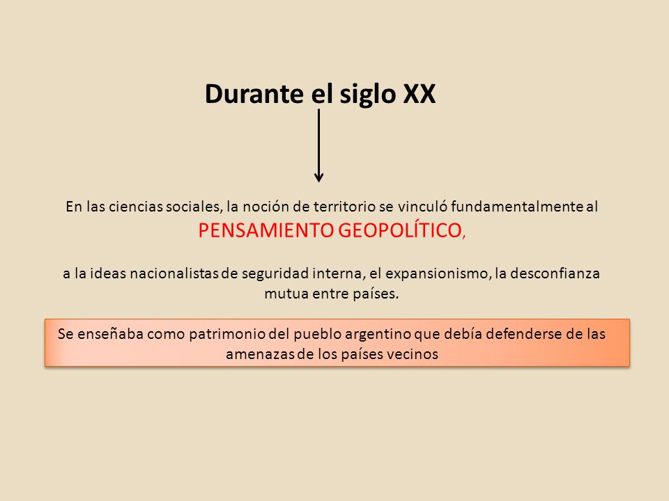 Durante el siglo XX En las ciencias sociales, la noción de territorio se vinculó fundamentalmente al PENSAMIENTO GEOPOLÍTICO,