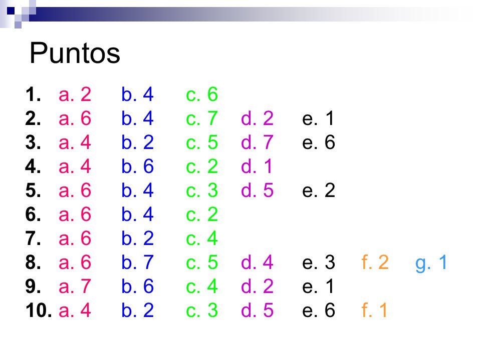 Puntos 1. a. 2 b. 4 c a. 6 b. 4 c. 7 d. 2 e a. 4 b. 2 c. 5 d. 7 e. 6.