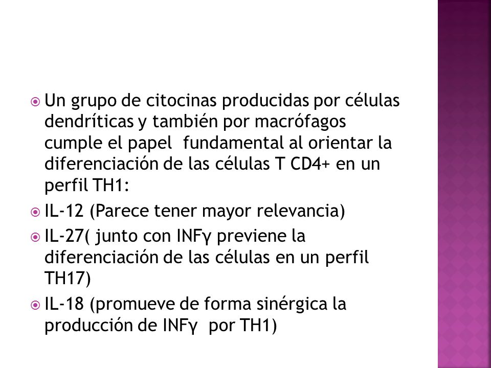 Un grupo de citocinas producidas por células dendríticas y también por macrófagos cumple el papel fundamental al orientar la diferenciación de las células T CD4+ en un perfil TH1: