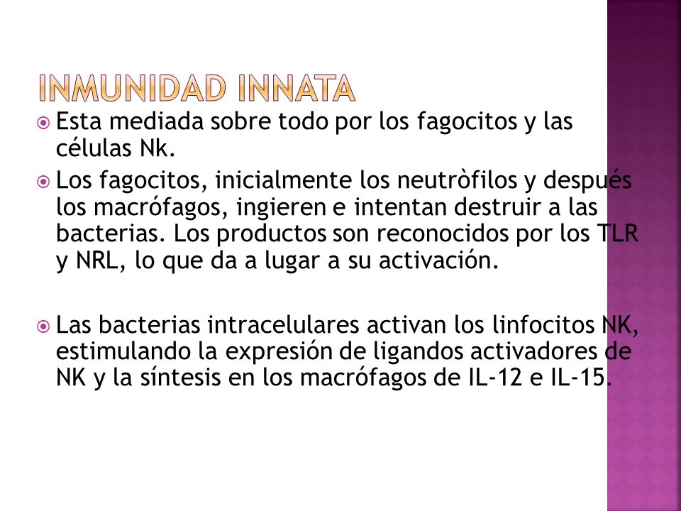 Inmunidad innata Esta mediada sobre todo por los fagocitos y las células Nk.