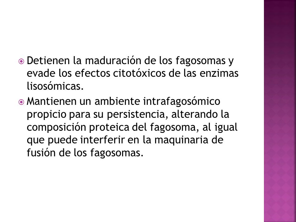Detienen la maduración de los fagosomas y evade los efectos citotóxicos de las enzimas lisosómicas.
