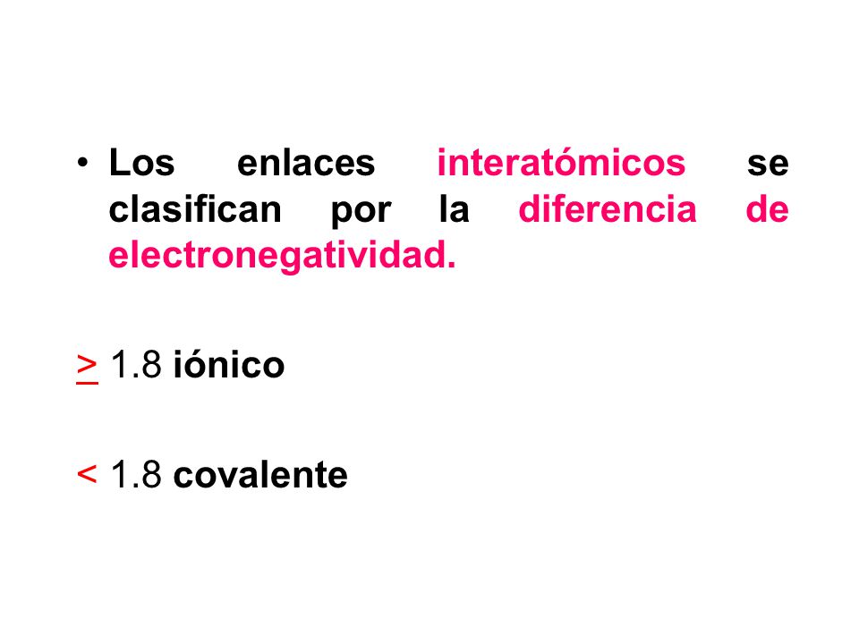 Los enlaces interatómicos se clasifican por la diferencia de electronegatividad.