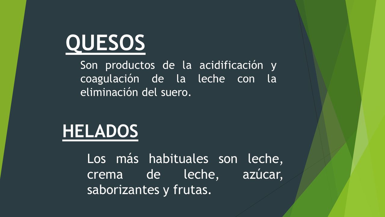 QUESOS Son productos de la acidificación y coagulación de la leche con la eliminación del suero. HELADOS.