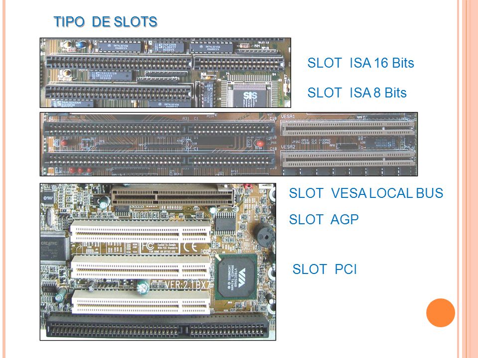 TIPO DE SLOTS SLOT ISA 16 Bits SLOT ISA 8 Bits SLOT VESA LOCAL BUS