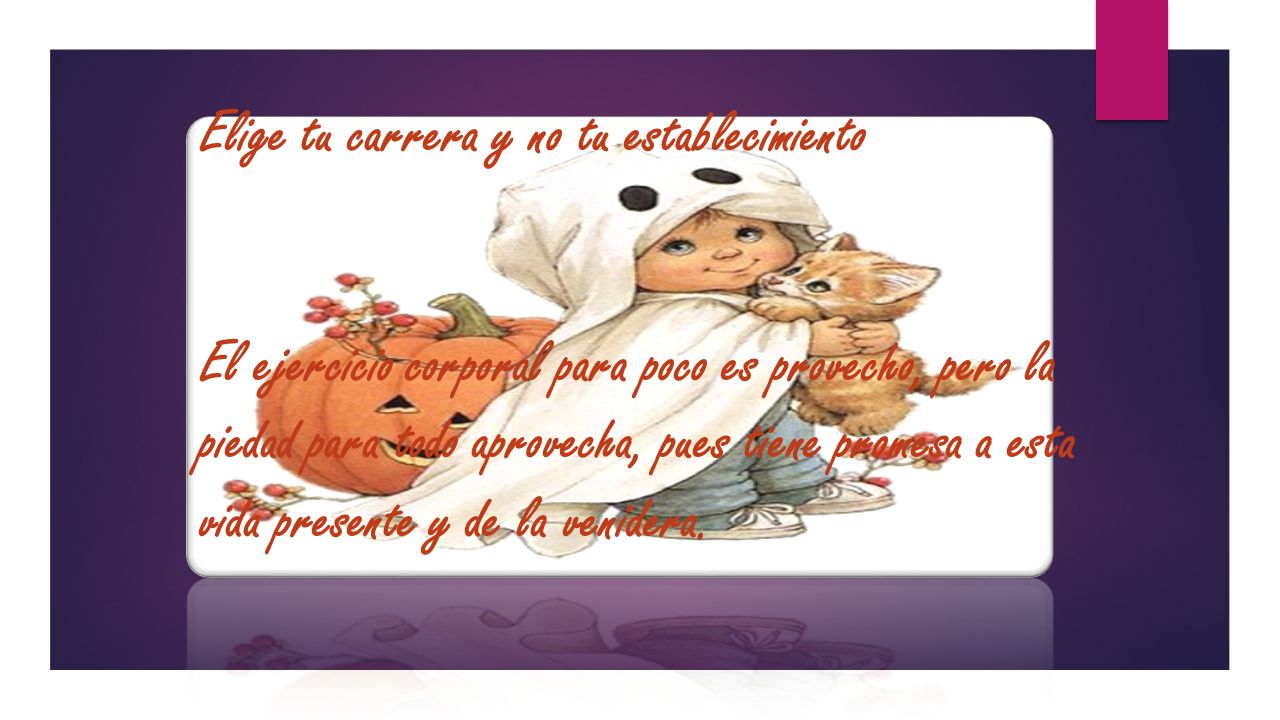 Elige tu carrera y no tu establecimiento El ejercicio corporal para poco es provecho, pero la piedad para todo aprovecha, pues tiene promesa a esta vida presente y de la venidera.