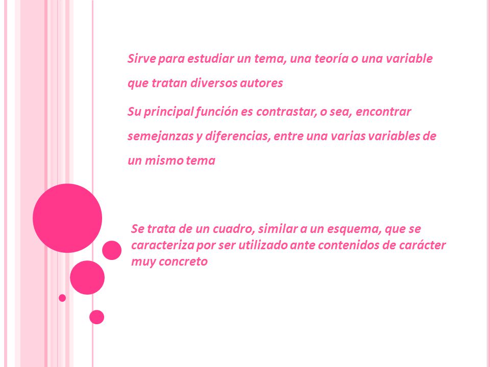 Sirve para estudiar un tema, una teoría o una variable que tratan diversos autores