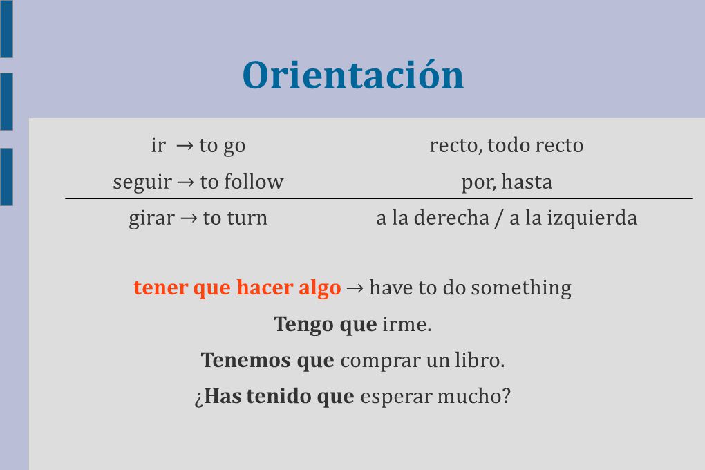 Orientación ir → to go seguir → to follow girar → to turn