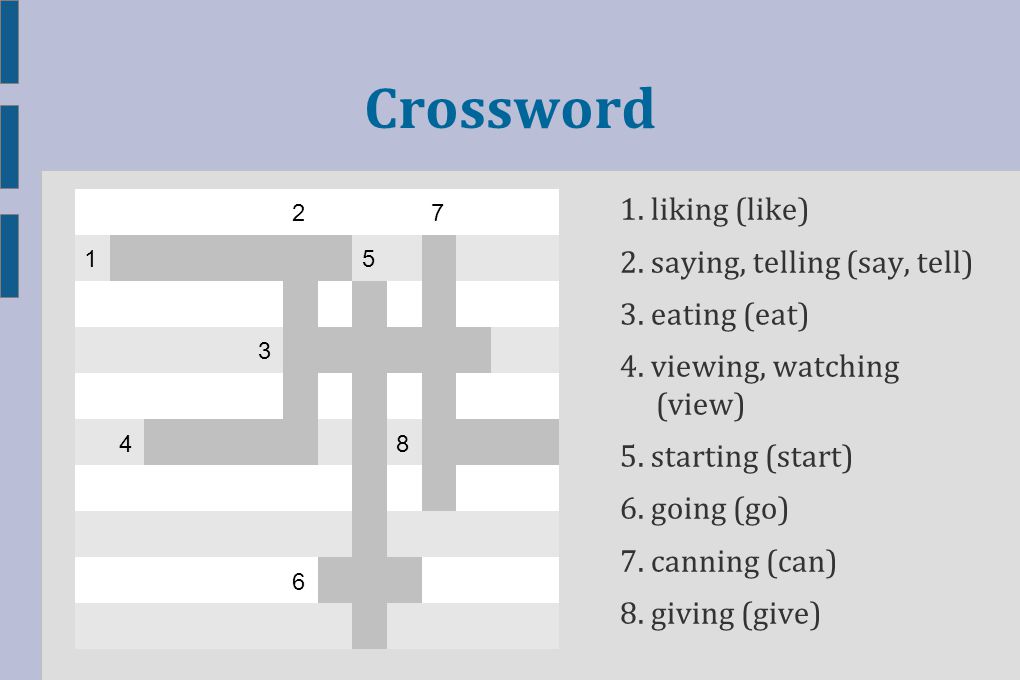 Crossword 1. liking (like) 2. saying, telling (say, tell)