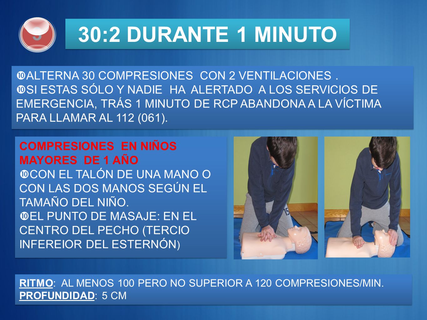 30:2 DURANTE 1 MINUTO 3 ALTERNA 30 COMPRESIONES CON 2 VENTILACIONES .