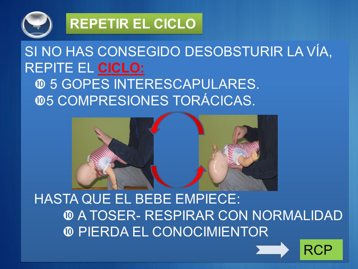4 REPETIR EL CICLO. SI NO HAS CONSEGIDO DESOBSTURIR LA VÍA, REPITE EL CICLO: 5 GOPES INTERESCAPULARES.