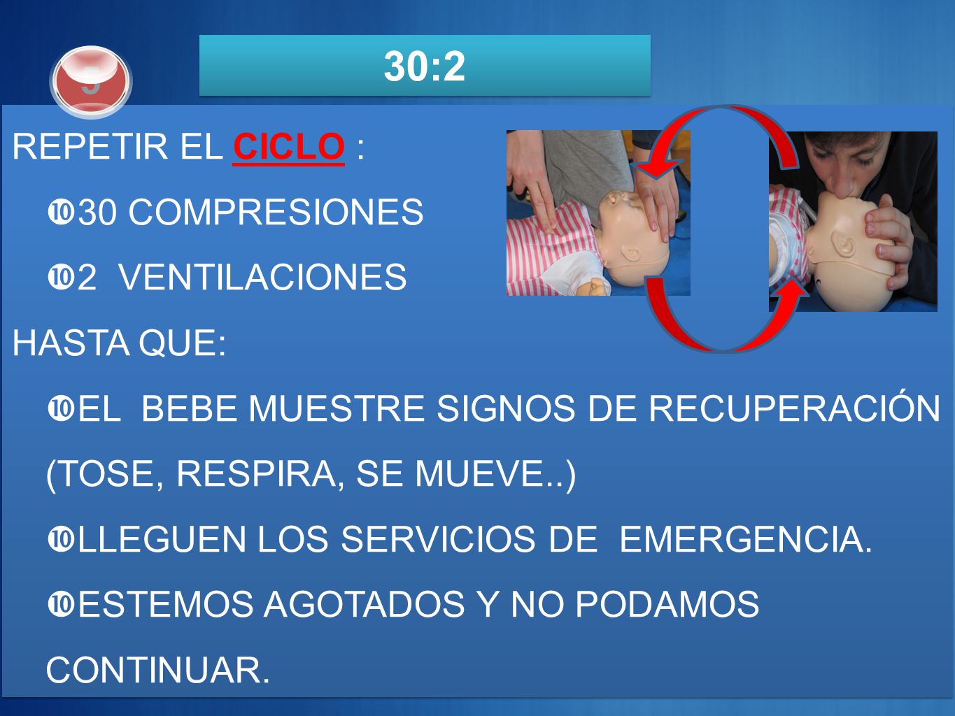30:2 5 REPETIR EL CICLO : 30 COMPRESIONES 2 VENTILACIONES HASTA QUE:
