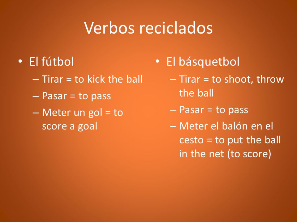 Verbos reciclados El fútbol El básquetbol Tirar = to kick the ball