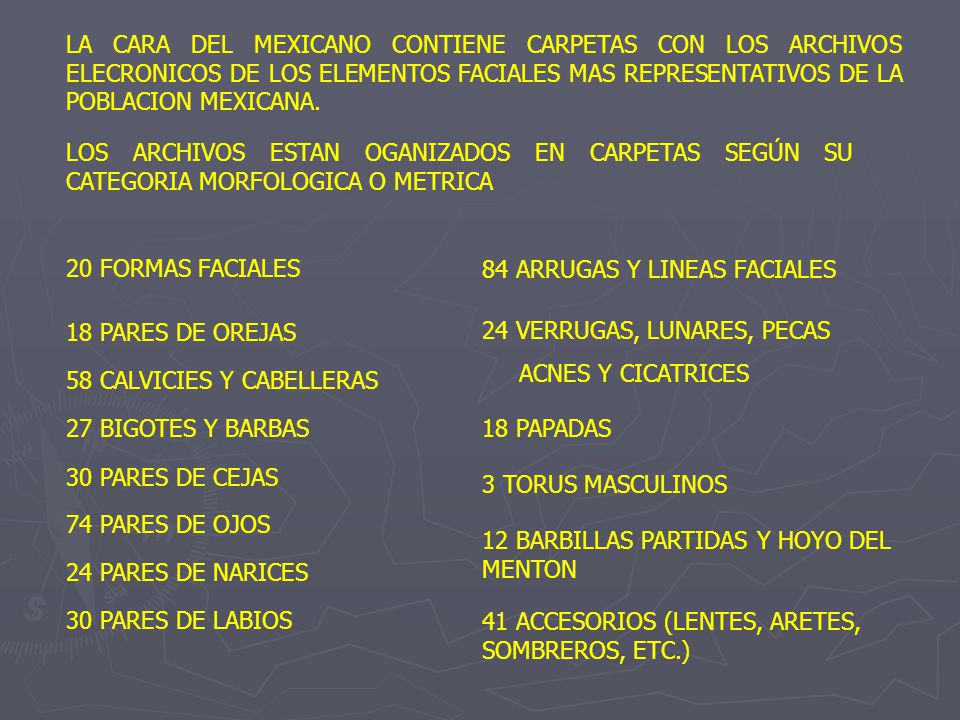 LA CARA DEL MEXICANO CONTIENE CARPETAS CON LOS ARCHIVOS ELECRONICOS DE LOS ELEMENTOS FACIALES MAS REPRESENTATIVOS DE LA POBLACION MEXICANA.