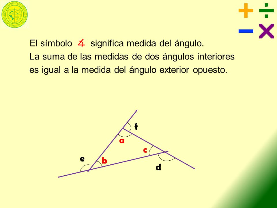 ∡ El símbolo significa medida del ángulo. La suma de las medidas de dos ángulos interiores es igual a la medida del ángulo exterior opuesto.