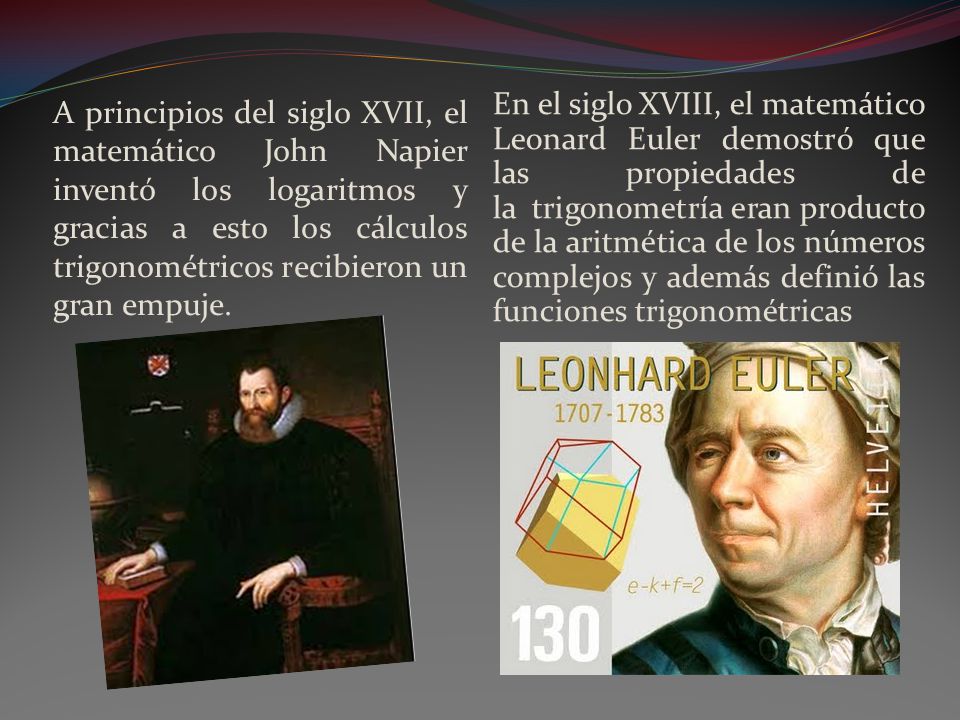 En el siglo XVIII, el matemático Leonard Euler demostró que las propiedades de la trigonometría eran producto de la aritmética de los números complejos y además definió las funciones trigonométricas