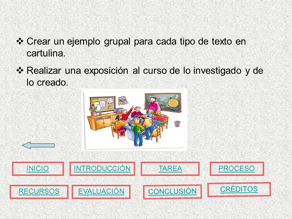 Crear un ejemplo grupal para cada tipo de texto en cartulina.