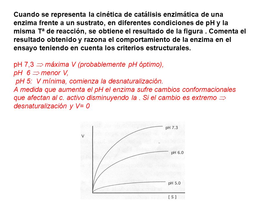 Cuando se representa la cinética de catálisis enzimática de una enzima frente a un sustrato, en diferentes condiciones de pH y la misma Tª de reacción, se obtiene el resultado de la figura . Comenta el resultado obtenido y razona el comportamiento de la enzima en el ensayo teniendo en cuenta los criterios estructurales.