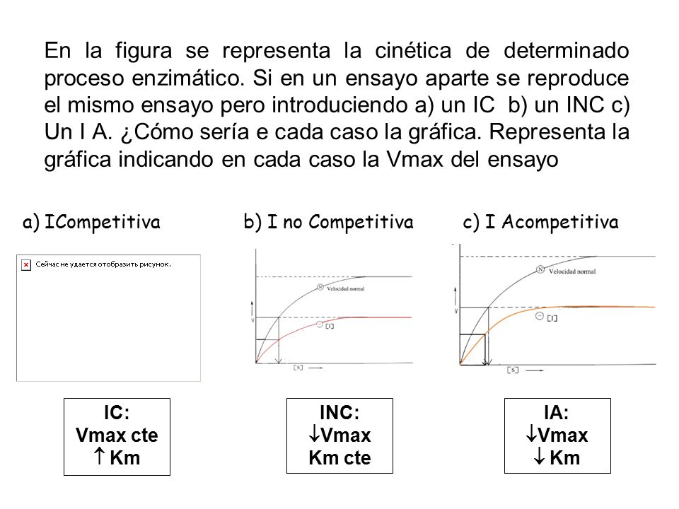 En la figura se representa la cinética de determinado proceso enzimático. Si en un ensayo aparte se reproduce el mismo ensayo pero introduciendo a) un IC b) un INC c) Un I A. ¿Cómo sería e cada caso la gráfica. Representa la gráfica indicando en cada caso la Vmax del ensayo