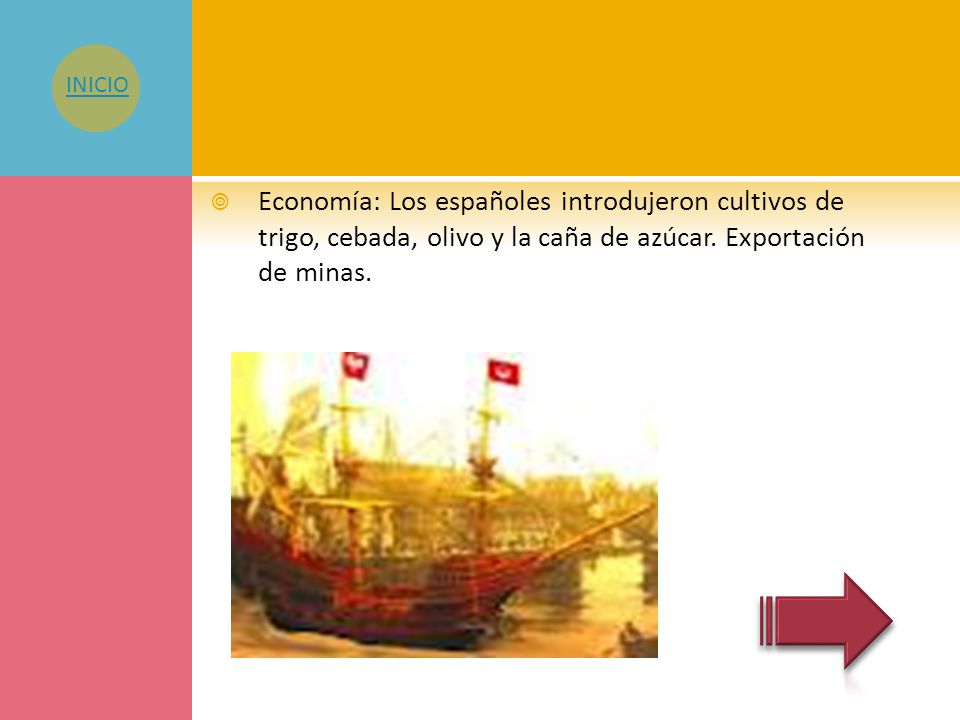 INICIO Economía: Los españoles introdujeron cultivos de trigo, cebada, olivo y la caña de azúcar.