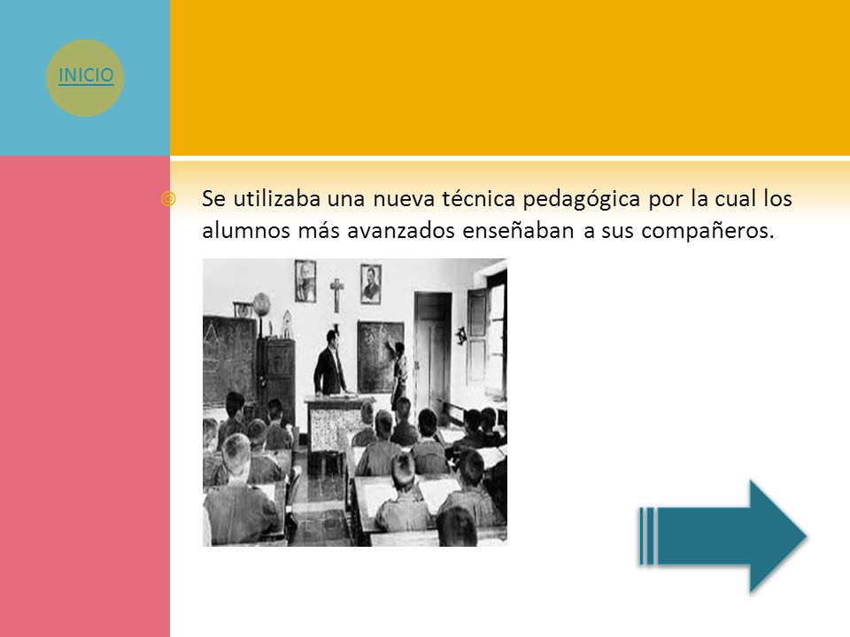 INICIO Se utilizaba una nueva técnica pedagógica por la cual los alumnos más avanzados enseñaban a sus compañeros.