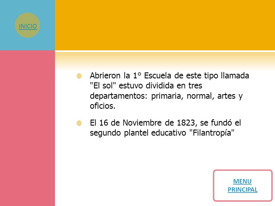 INICIO Abrieron la 1° Escuela de este tipo llamada El sol estuvo dividida en tres departamentos: primaria, normal, artes y oficios.