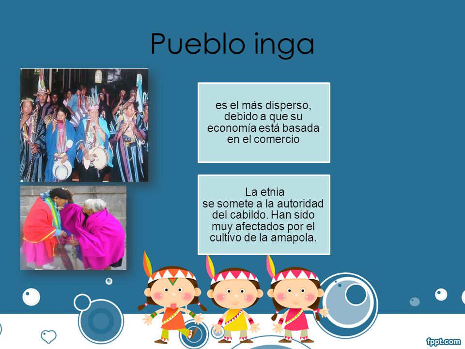 Pueblo inga es el más disperso, debido a que su economía está basada en el comercio. La etnia.
