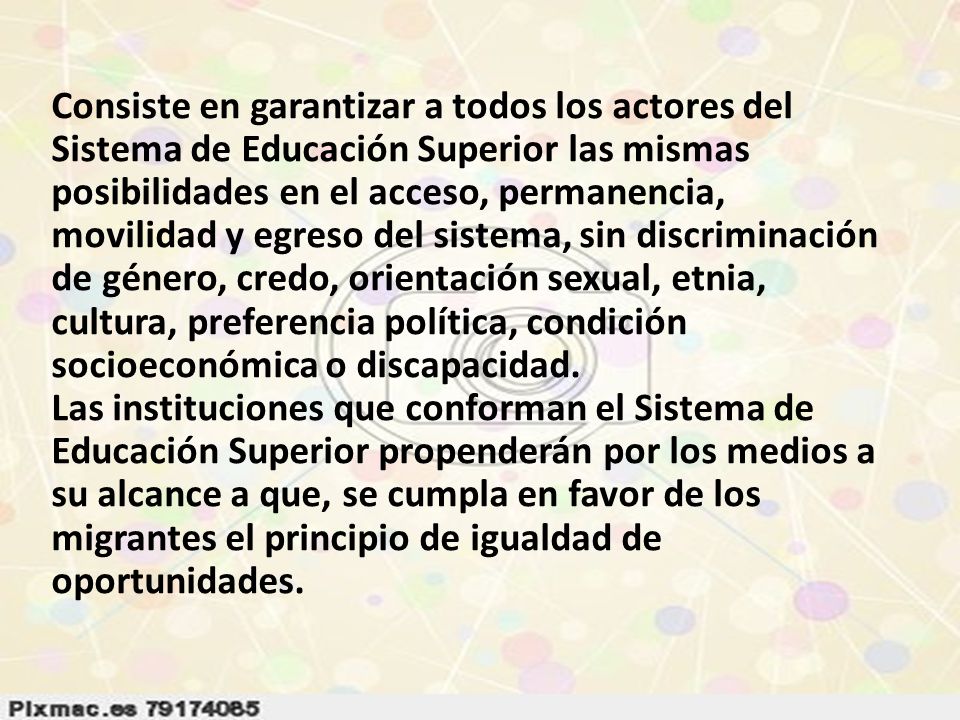 Consiste en garantizar a todos los actores del Sistema de Educación Superior las mismas posibilidades en el acceso, permanencia, movilidad y egreso del sistema, sin discriminación de género, credo, orientación sexual, etnia, cultura, preferencia política, condición socioeconómica o discapacidad.