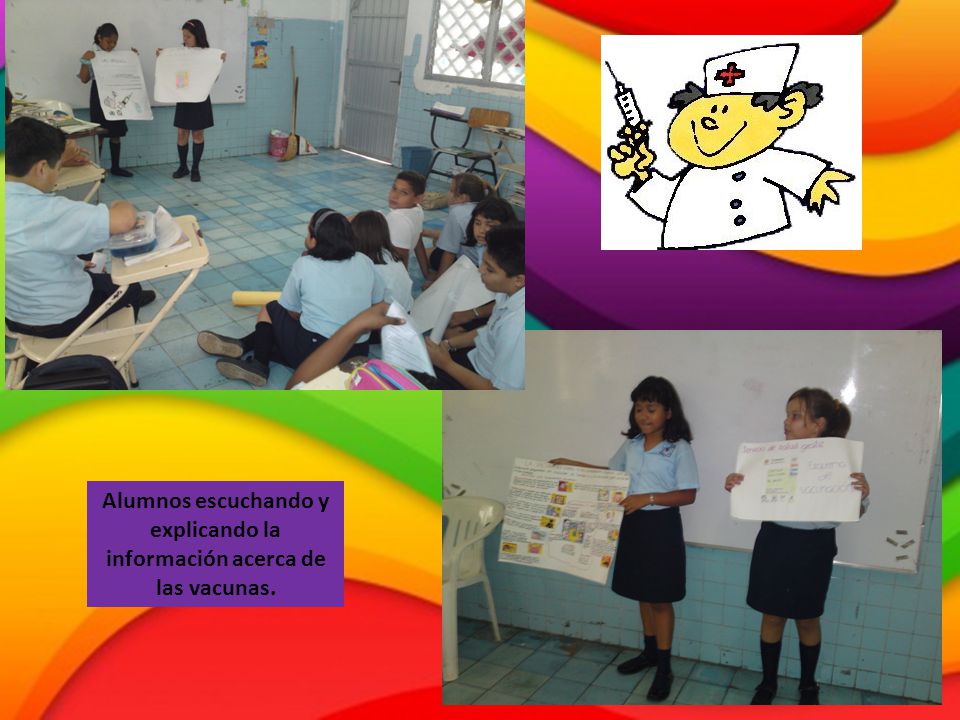 Alumnos escuchando y explicando la información acerca de las vacunas.