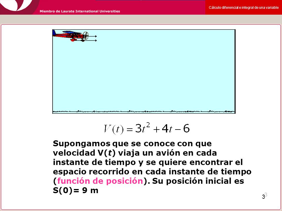 Supongamos que se conoce con que velocidad V(t) viaja un avión en cada instante de tiempo y se quiere encontrar el espacio recorrido en cada instante de tiempo (función de posición).