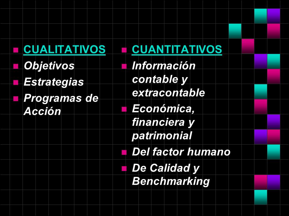 CUALITATIVOS Objetivos. Estrategias. Programas de Acción. CUANTITATIVOS. Información contable y extracontable.