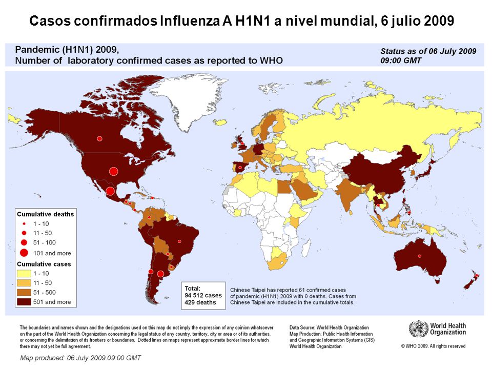 Casos confirmados Influenza A H1N1 a nivel mundial, 6 julio 2009