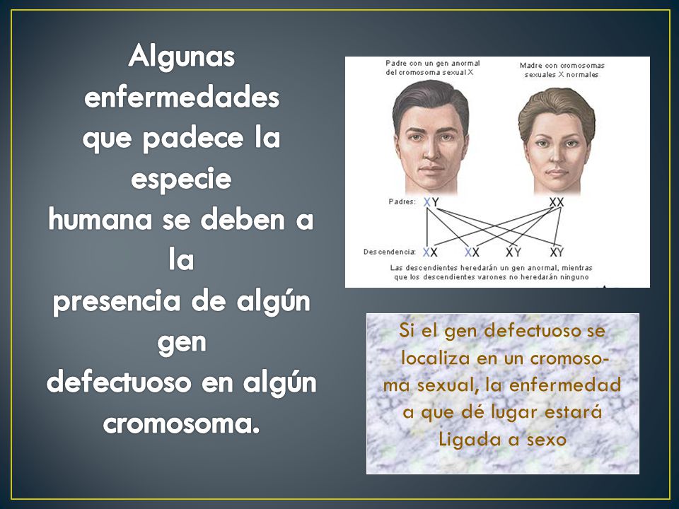 Algunas enfermedades que padece la especie humana se deben a la presencia de algún gen defectuoso en algún cromosoma.