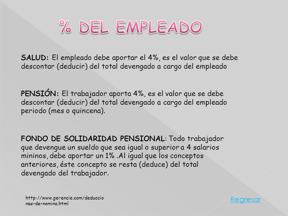 % DEL EMPLEADO SALUD: El empleado debe aportar el 4%, es el valor que se debe descontar (deducir) del total devengado a cargo del empleado.