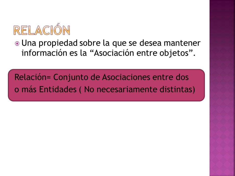 Relación Una propiedad sobre la que se desea mantener información es la Asociación entre objetos .