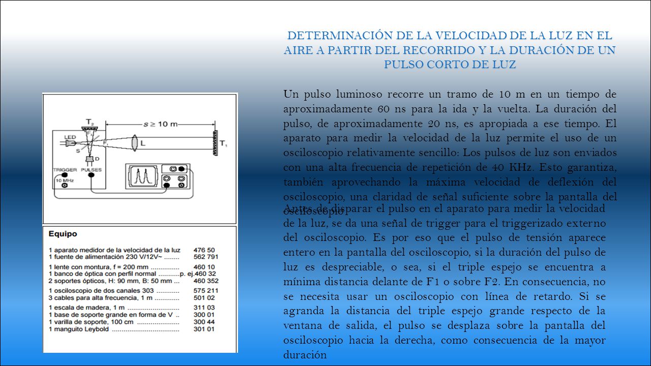 DETERMINACIÓN DE LA VELOCIDAD DE LA LUZ EN EL AIRE A PARTIR DEL RECORRIDO Y LA DURACIÓN DE UN PULSO CORTO DE LUZ