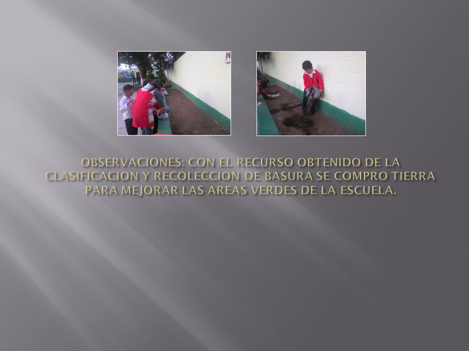 OBSERVACIONES: CON EL RECURSO OBTENIDO DE LA CLASIFICACION Y RECOLECCION DE BASURA SE COMPRO TIERRA PARA MEJORAR LAS AREAS VERDES DE LA ESCUELA.