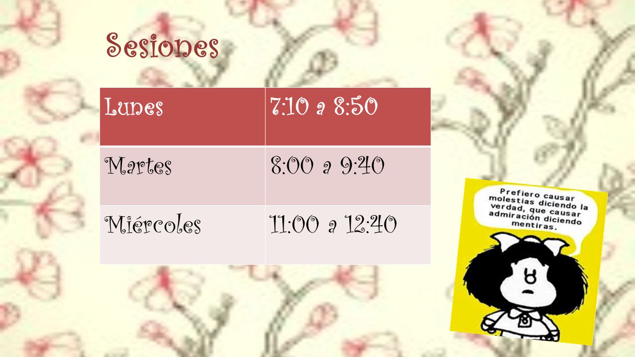 Sesiones Lunes 7:10 a 8:50 Martes 8:00 a 9:40 Miércoles 11:00 a 12:40