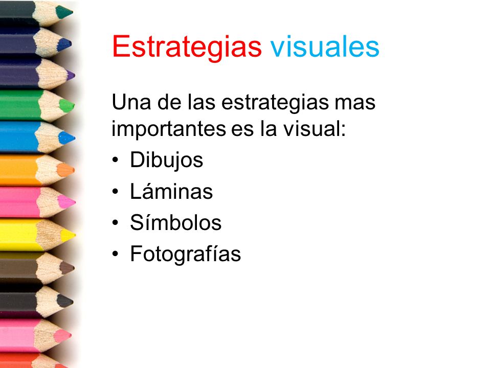 Estrategias visuales Una de las estrategias mas importantes es la visual: Dibujos. Láminas. Símbolos.