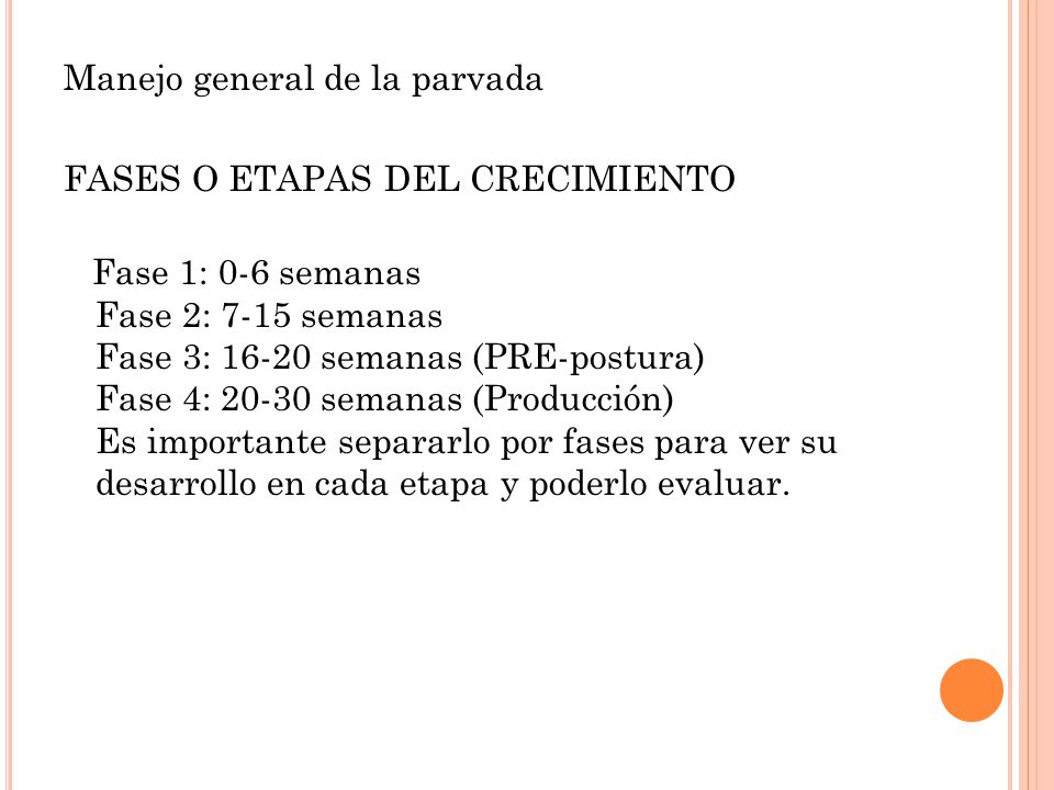Manejo general de la parvada FASES O ETAPAS DEL CRECIMIENTO Fase 1: 0-6 semanas Fase 2: 7-15 semanas Fase 3: semanas (PRE-postura) Fase 4: semanas (Producción) Es importante separarlo por fases para ver su desarrollo en cada etapa y poderlo evaluar.