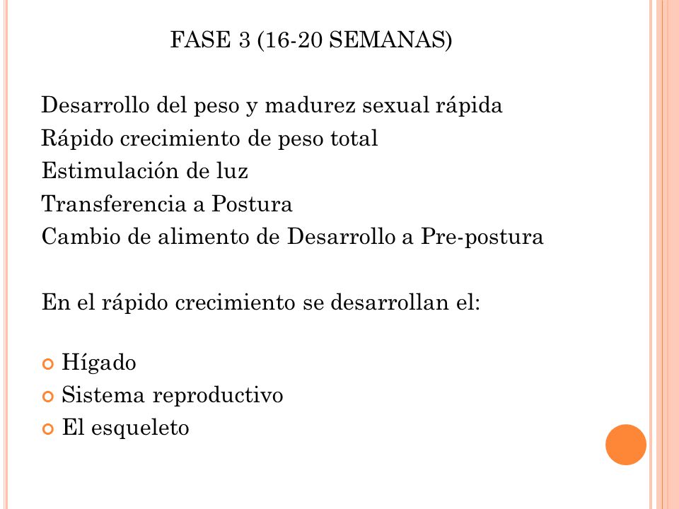 FASE 3 (16-20 SEMANAS) Desarrollo del peso y madurez sexual rápida. Rápido crecimiento de peso total.