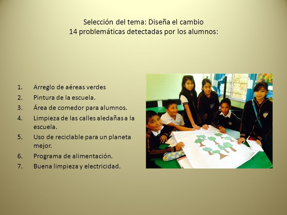 Selección del tema: Diseña el cambio 14 problemáticas detectadas por los alumnos: