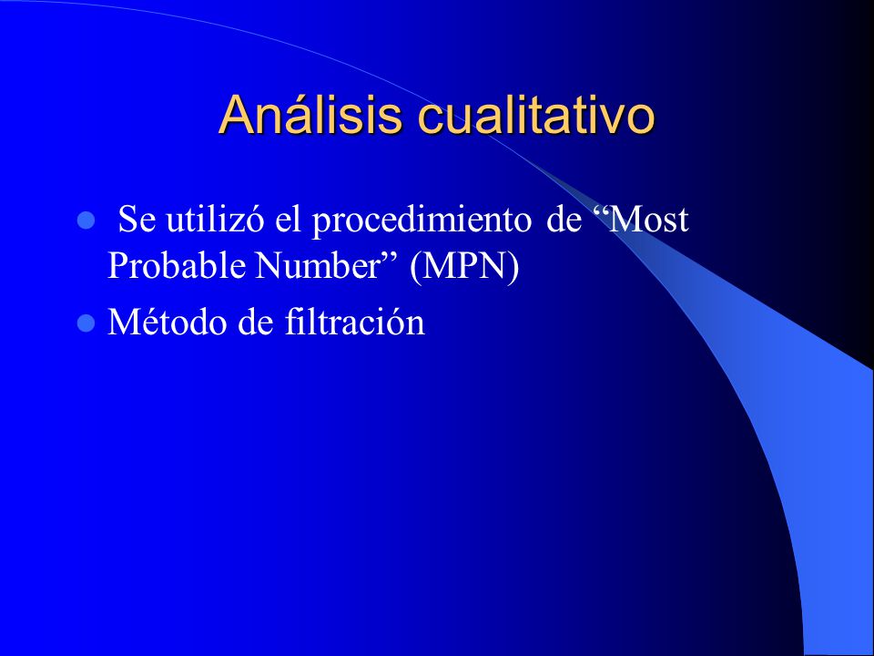 Análisis cualitativo Se utilizó el procedimiento de Most Probable Number (MPN) Método de filtración.