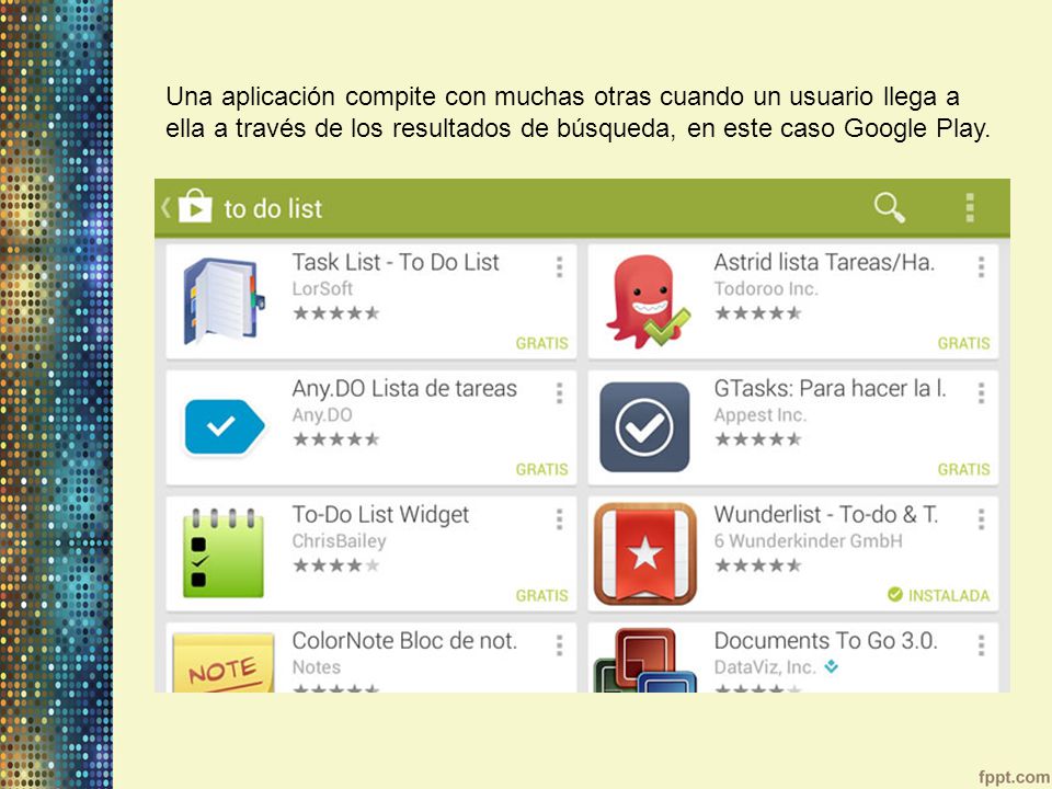Una aplicación compite con muchas otras cuando un usuario llega a ella a través de los resultados de búsqueda, en este caso Google Play.