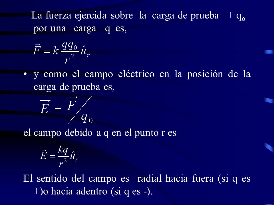 La fuerza ejercida sobre la carga de prueba + qo por una carga q es,
